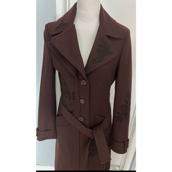BCBG MaxAzria Brown belted wool embroidered coat Sz Small